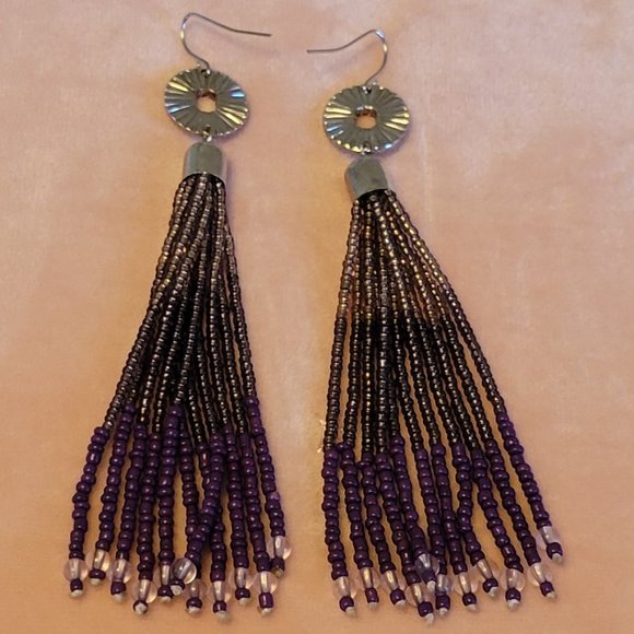 Beautiful fashionable amethyst beaded long dangling tassel earrings. - Picture 2 of 2